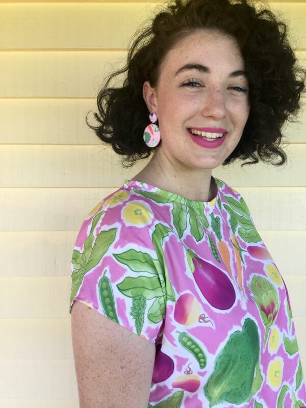 Rock The Brocc ladies shirt and dangle earrings in pink with veggie platter